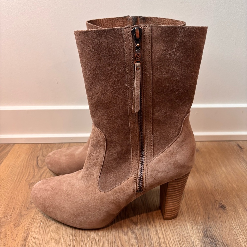 UGG Women’s Athena Leather Suede High Heel Zip Boots Beige Size 10 1008701